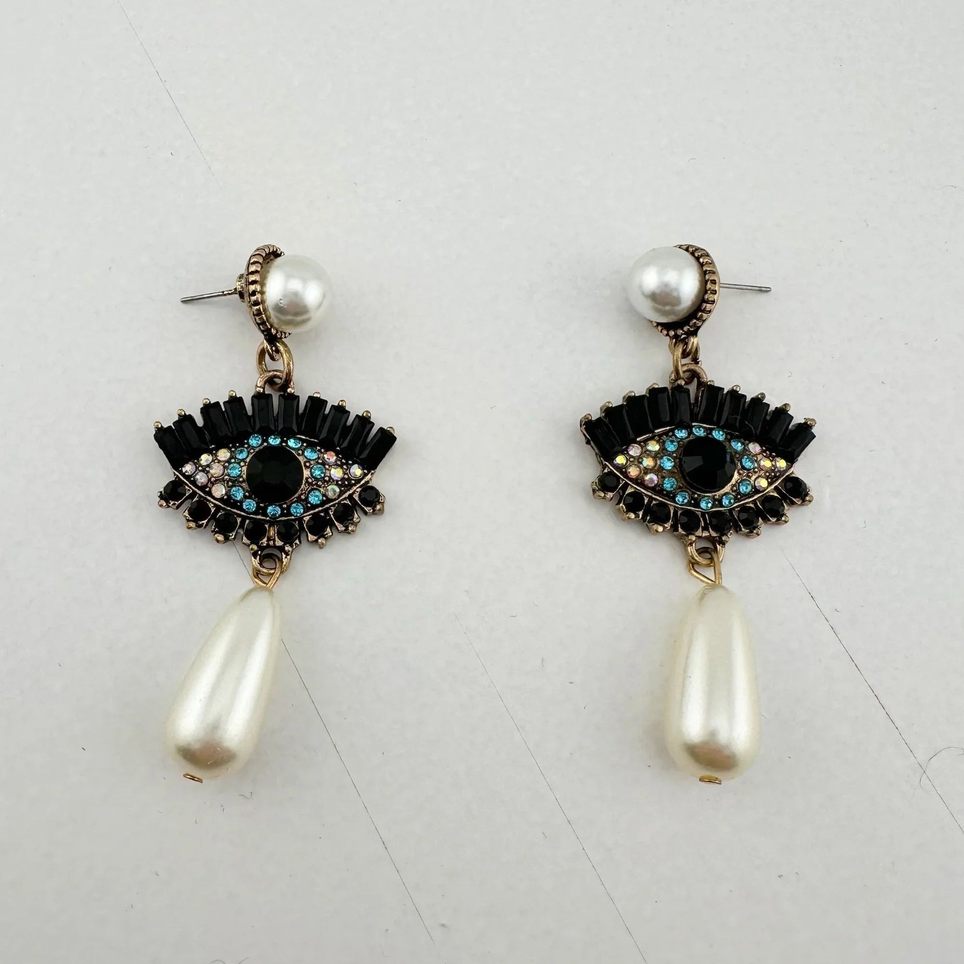 Evil Eye Rhinestone Pearl Drop Dangle Earrings - Earrings - A+ Stuff