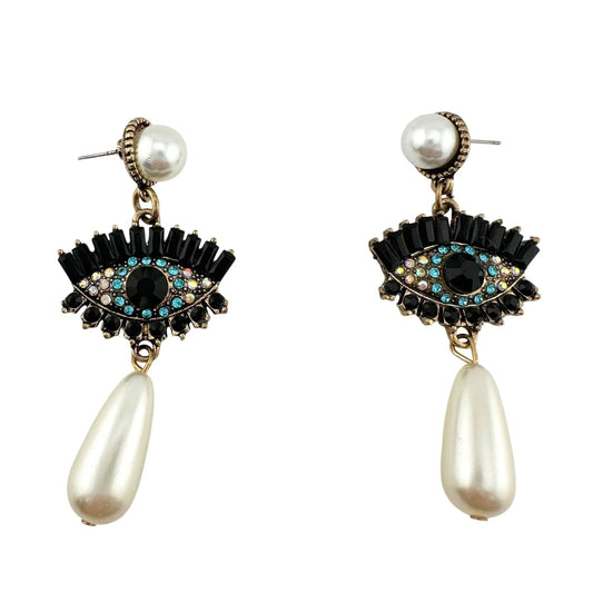 Evil Eye Rhinestone Pearl Drop Dangle Earrings - Earrings - A+ Stuff