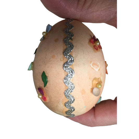 Decorative Faux Easter Egg With Colorful Flowers/Silver Ribbon (Some flowers fell off)