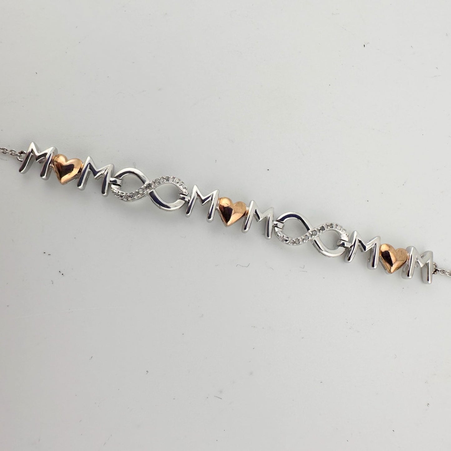 Sterling Silver "Mom" Bracelet with 14 kt gold Accent Hearts  & Infinity Symbols with Natural Diamonds