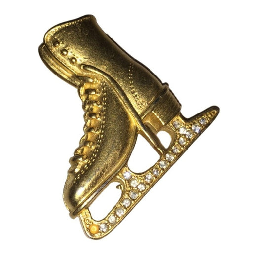 Vintage Minimalist Gold Tone Rhinestone Ice Skate Brooch Pin