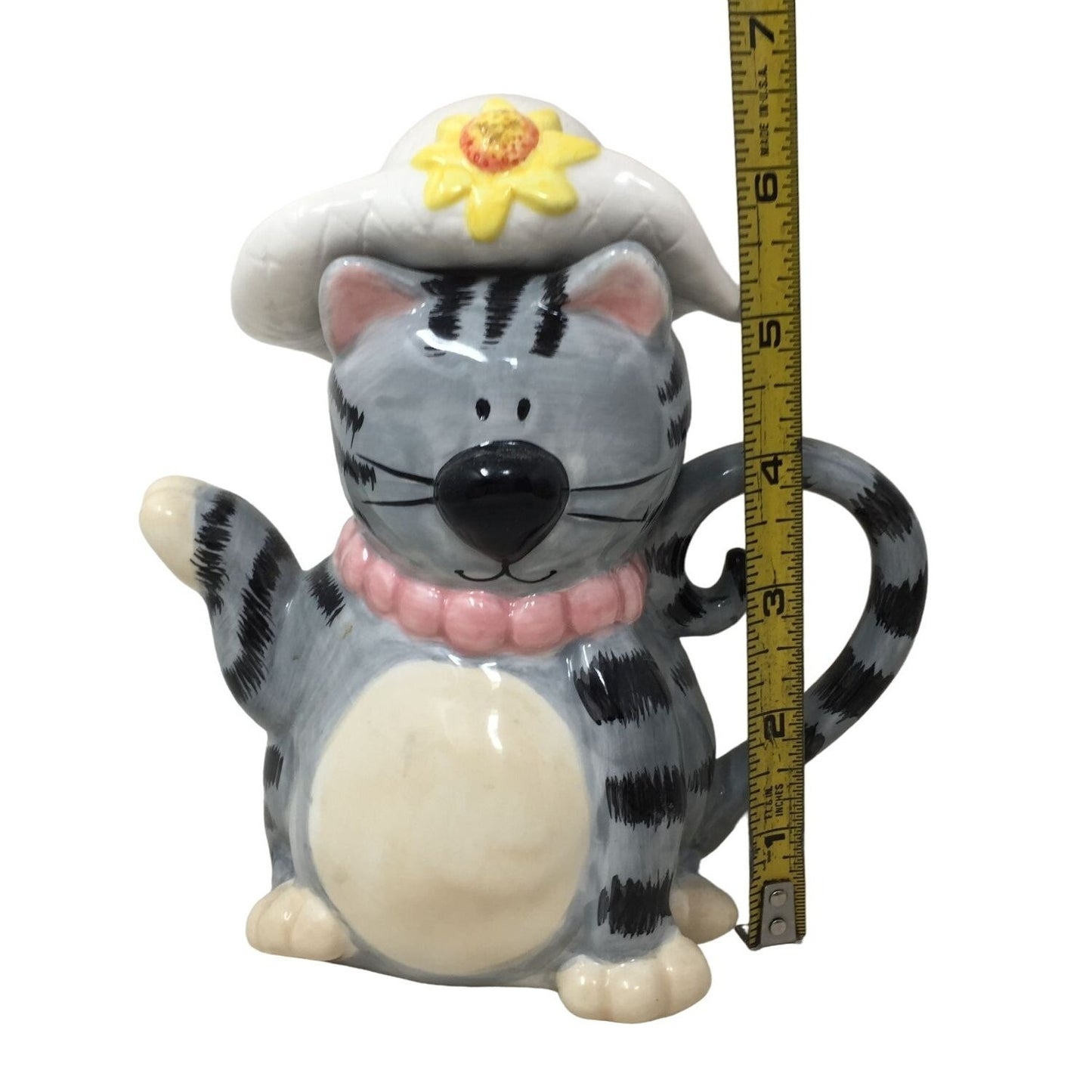 Fun Novelty Cat Pitcher / Pourer - Cute Gray Cartoonish Tabby Cat with White Sunhat and Pink Necklace