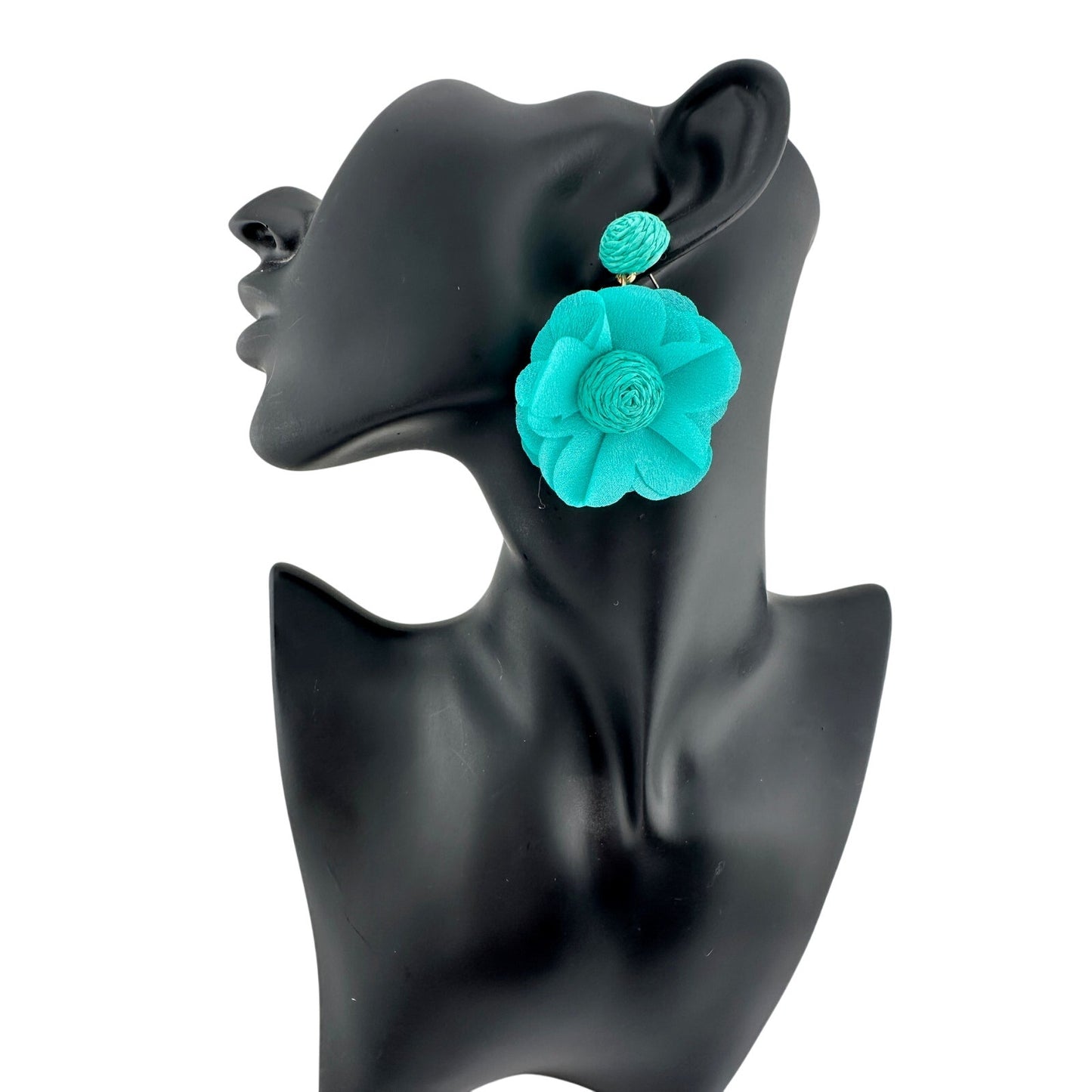 Teal Cloth Flower Earrings - CUTE!