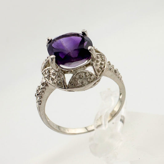 Beautiful Dark Purple Amethyst and Diamond Accent Ring - Sterling Silver Size 7.25