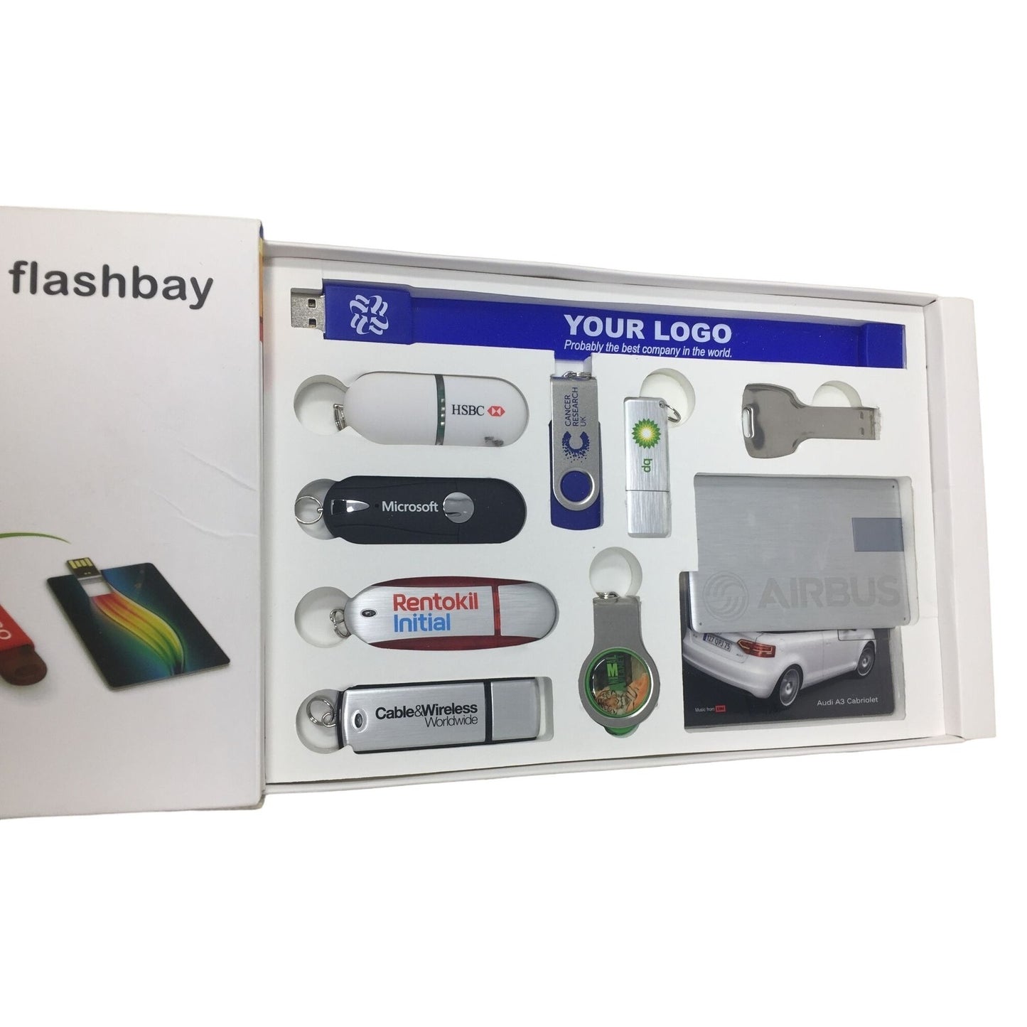 Flashbay Custom Flash Drives Samples in Box- HSBC, Rentokil Initial, Bourjois Paris, etc