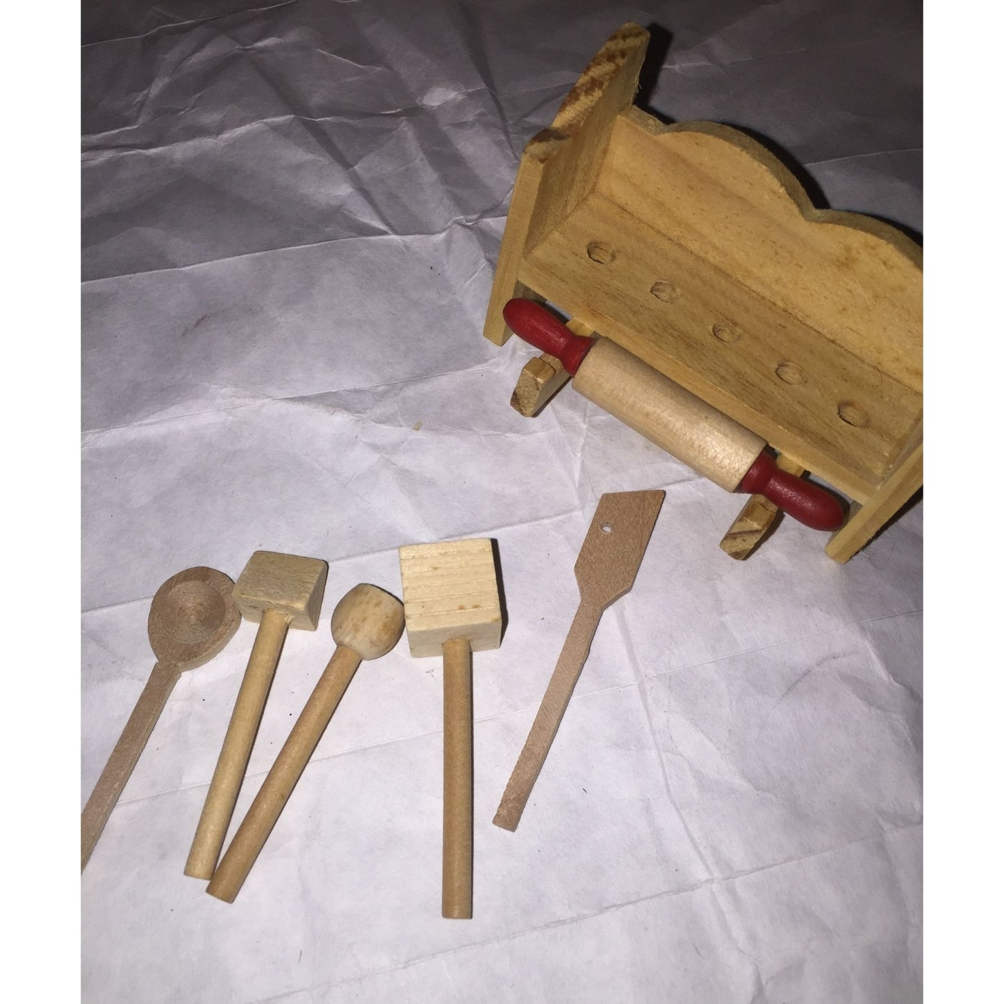 Vintage Doll Sized Wooden Kitchen Utensils & Rack Magnet