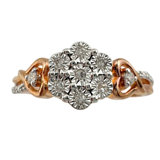 Two Tone Diamond Cluster Ring with Hearts on sides - size 7