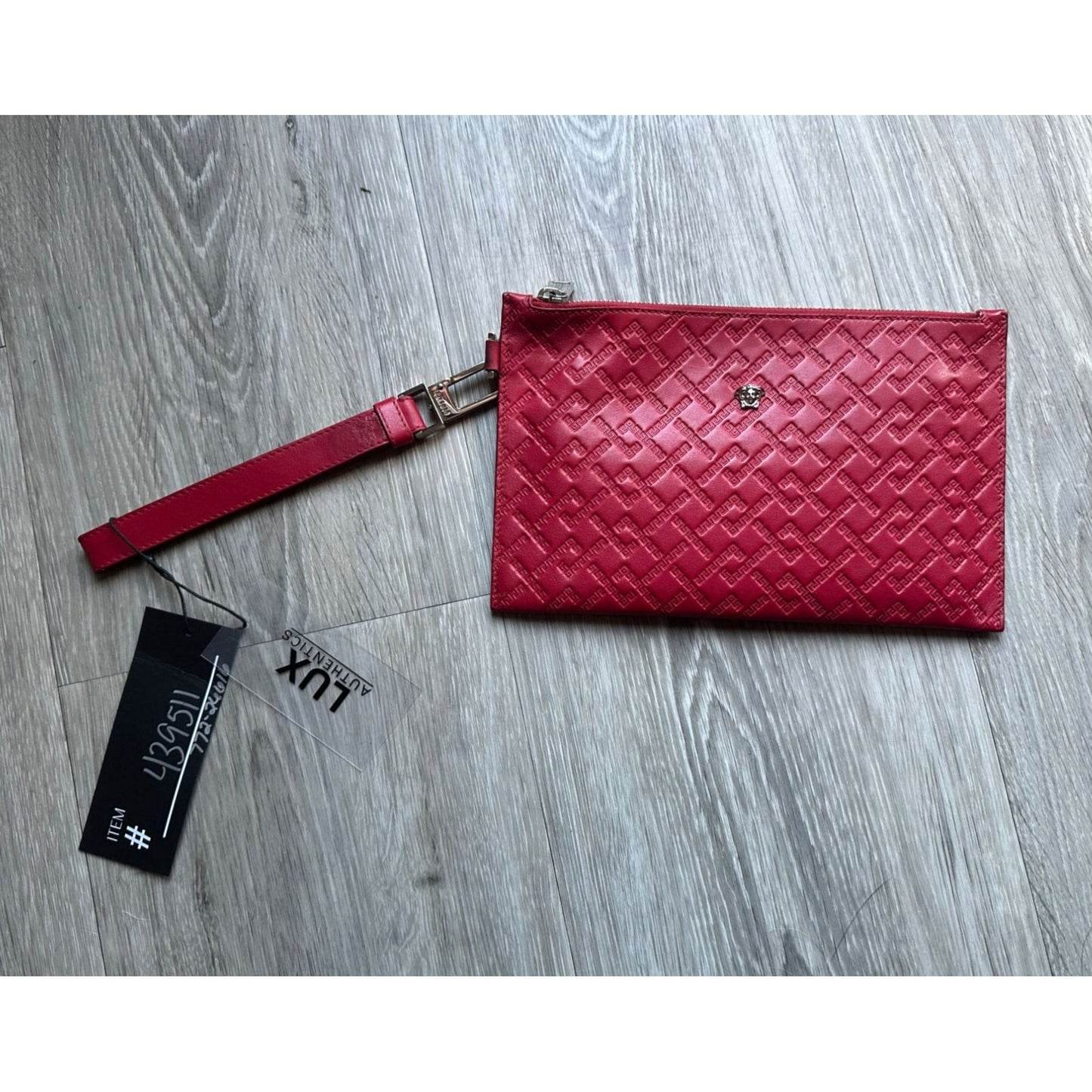 Versace Large Red Logo Print Leather Wristlet Clutch