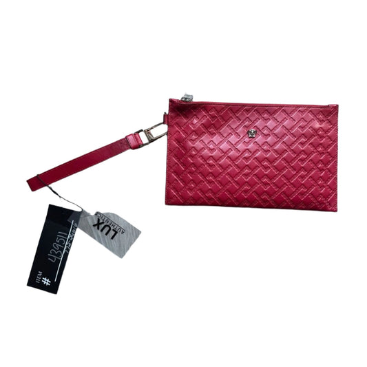 Versace Large Red Logo Print Leather Wristlet Clutch