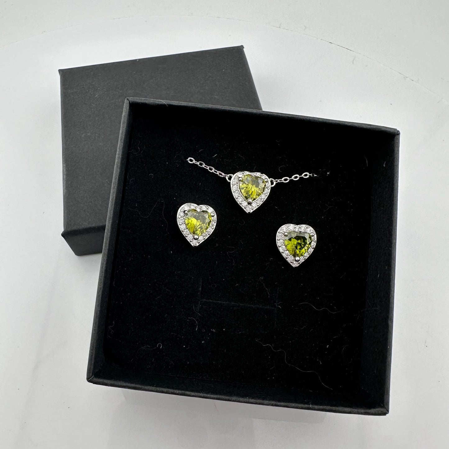 Beautiful Green Peridot Heart Necklace and Earrings Set