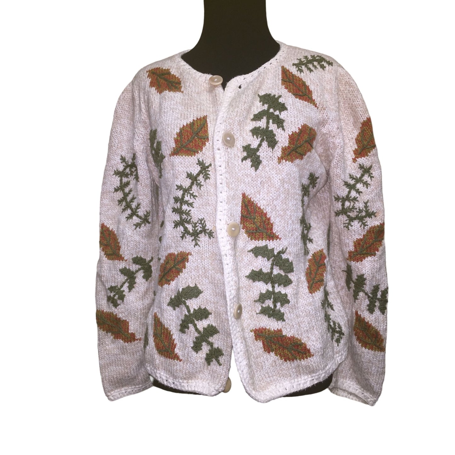 Hampton Isles by Jacs - Womens size S - sweater - Ivory white with leaves and twigs