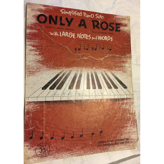 Simplified Piano Solo Only A Rose With Large Notes & Words Vintage Sheet Music Book