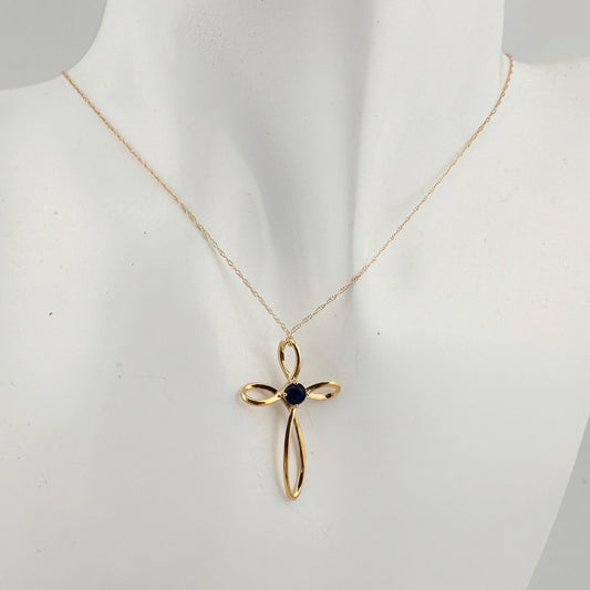 10 Kt Gold Cross Necklace - Deep Blue  Sapphire in Center with 10 Kt Gold Chain