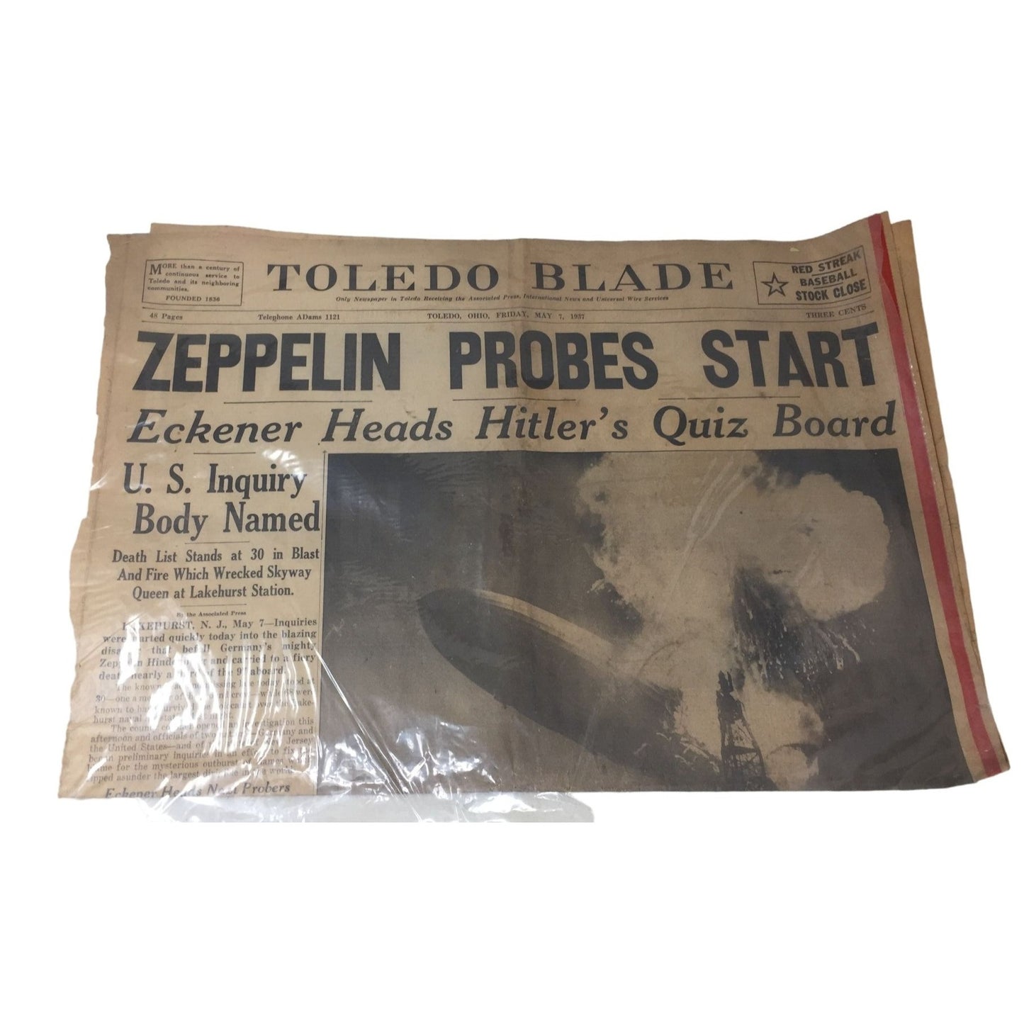 Vintage Toledo Blade ''Zeppelin Probes Start" Collectible Newspaper