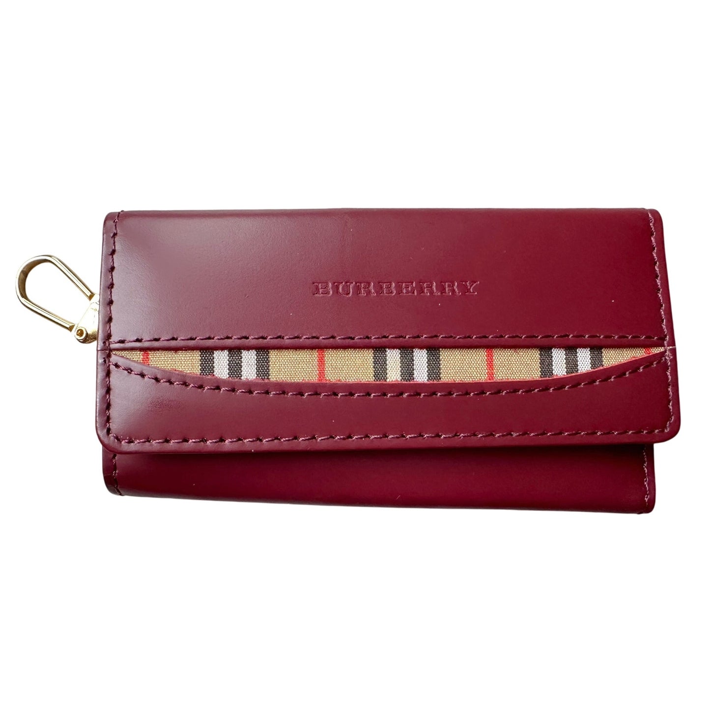 Burberry Burgundy Leather Key  Holder with Nova Check Accents