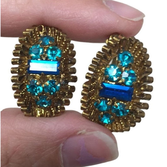 Women's Clip On Earrings Blue Stone and Gold Edging- Costume Jewelry