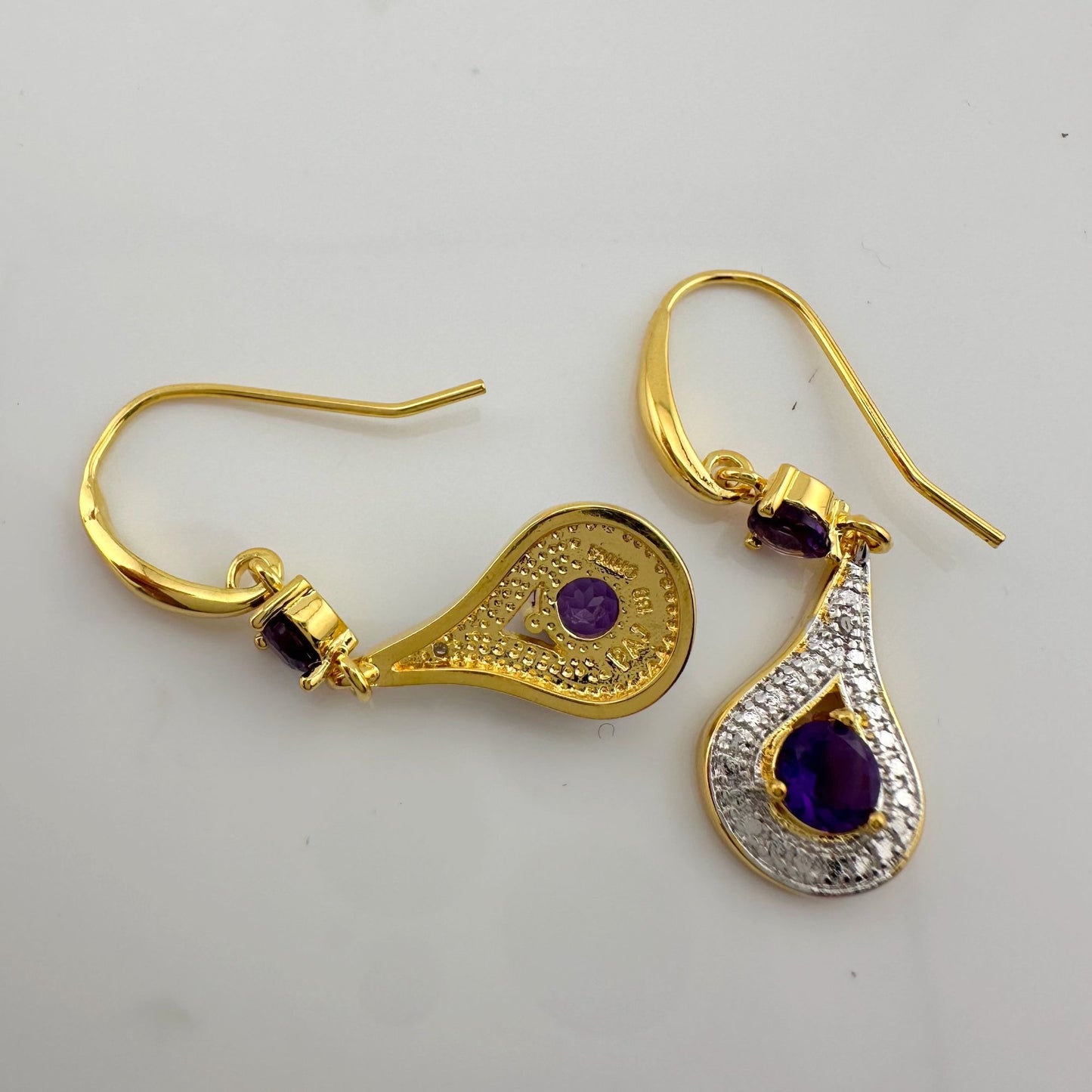 Pretty Teardrop Purple African Amethyst Earrings with Detailing and Gold Overlay