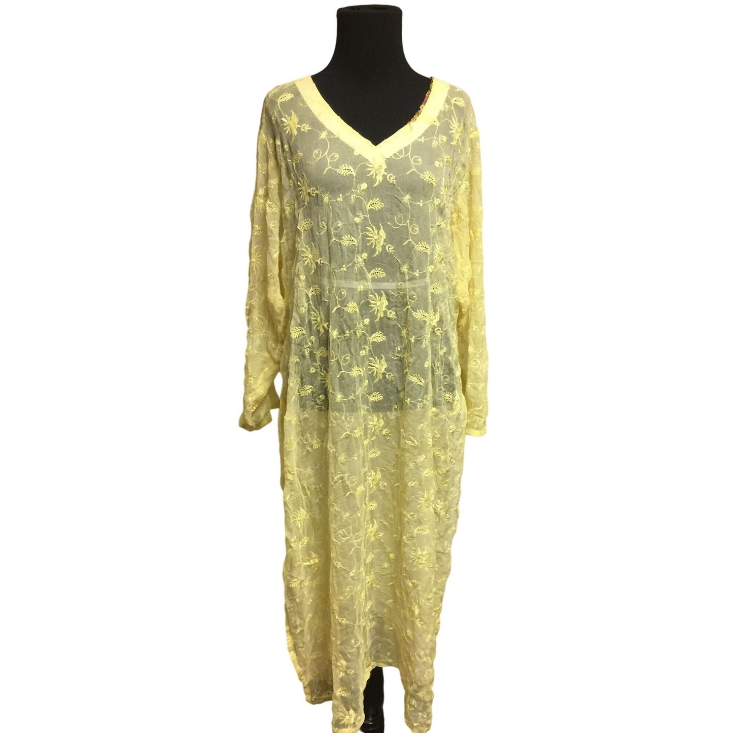 Womens Sheer Floral Lace Yellow Maxi Long Sleeve Dress/Bathing Suit Cover Up