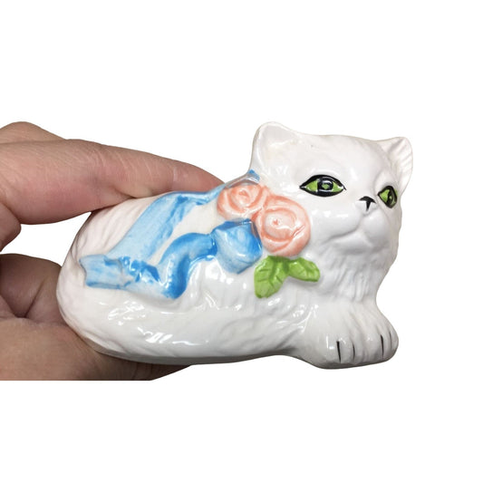 Vintage Ceramic Green Eyed White Kitten Toothpick Holder Blue Ribbon/Pink Flowers