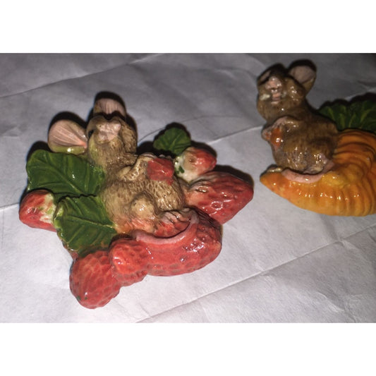 Pair of Vintage Ceramic Magnets Mice with Berries & Carrots