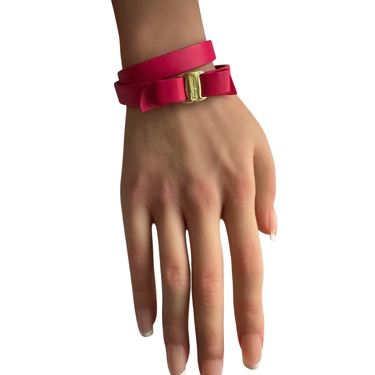 Salvatore Ferragamo Deep Pink Leather Vara Ribbon Bow Double Wrap Bracelet