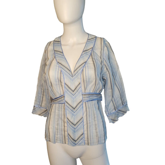 Women's Blue/White Striped Dressy Shirt with long sleeves and Ties in the back