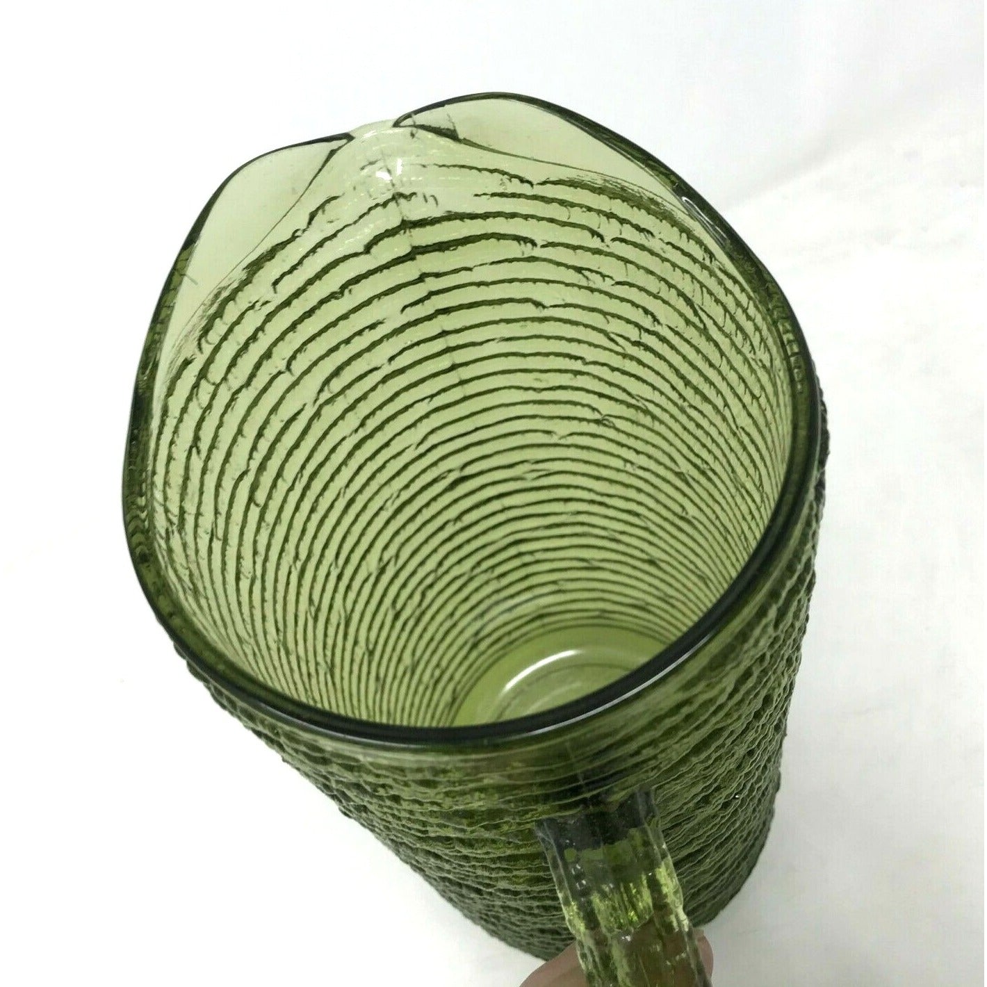 Vintage Ridged Olive Green Glass Pitcher  6.5" H  Pretty Design - 1970s-1980s