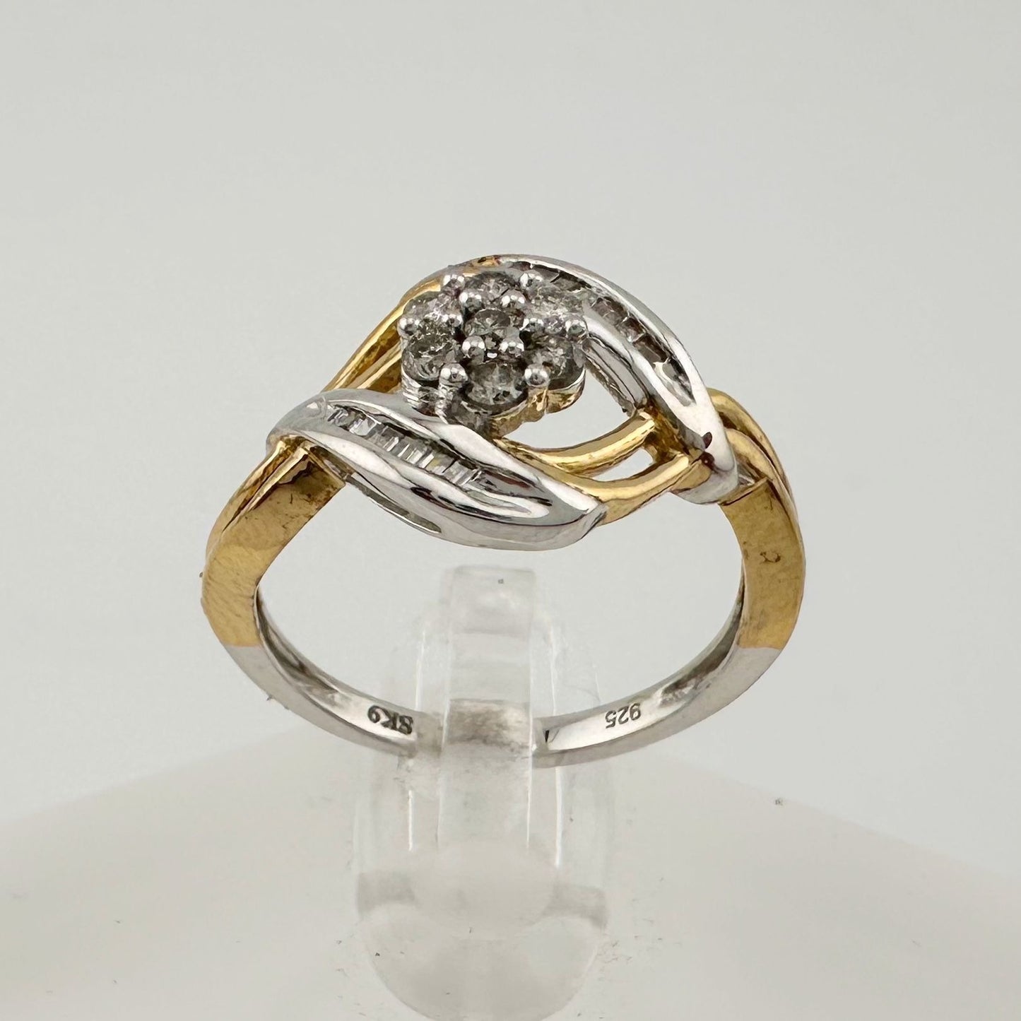 Beautiful 1/4 ct Diamond Ring Baguette and Flower Cluster with Two-Tone Sterling Band Size 7