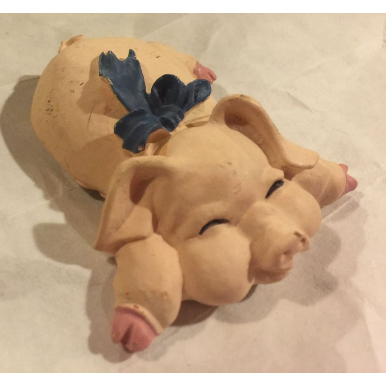 Vintage Refrigerator Magnet RECLINING PIG with BLUE BOW