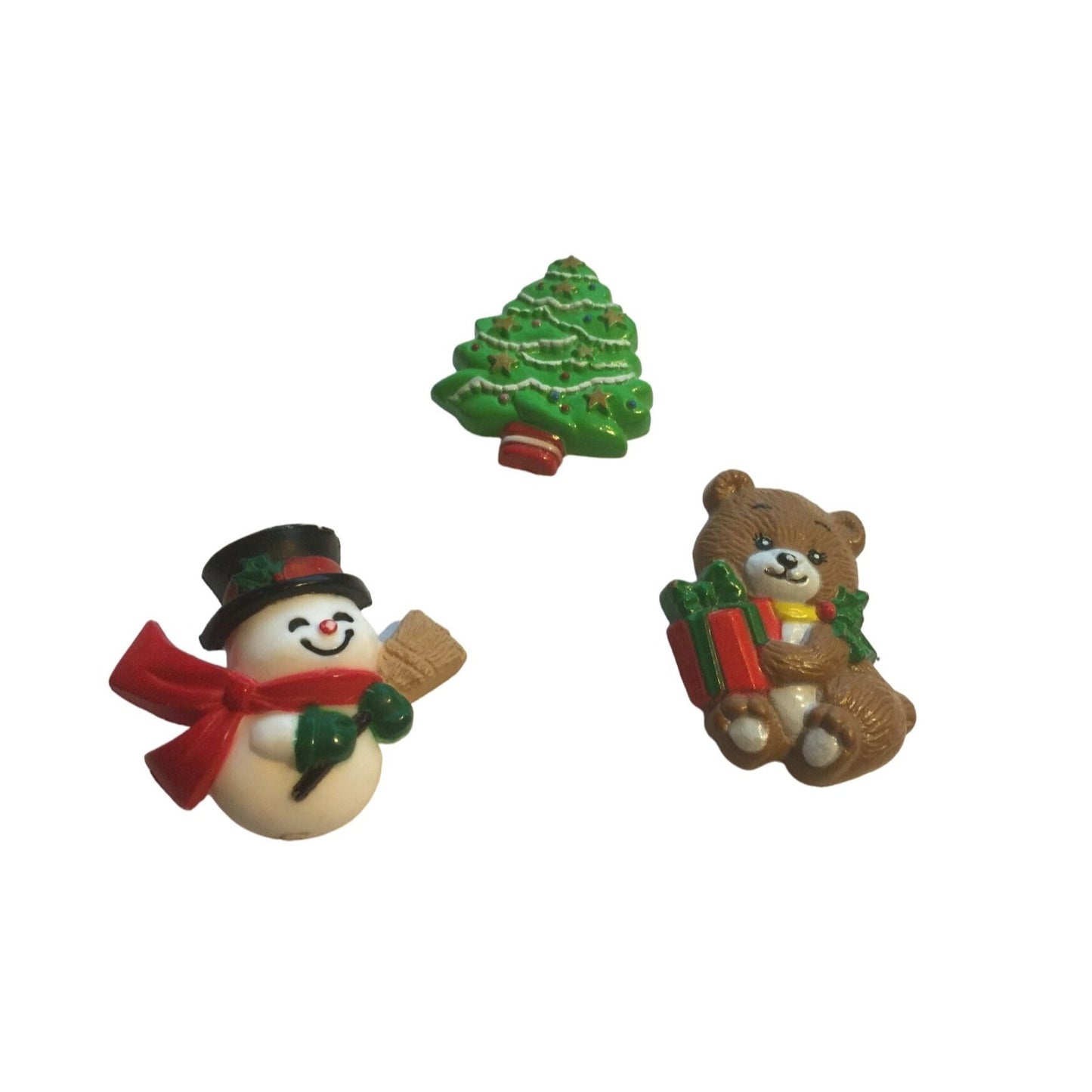 Vintage RUSS Christmas Pins Snowman/Teddy Bear (2) & Christmas tree Button (1)