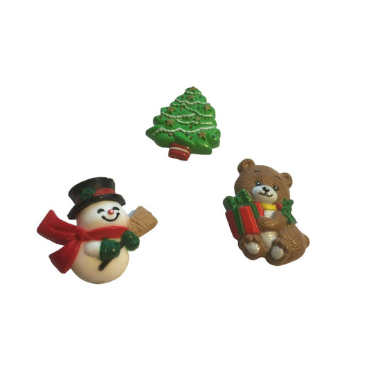 Vintage RUSS Christmas Pins Snowman/Teddy Bear (2) & Christmas tree Button (1)