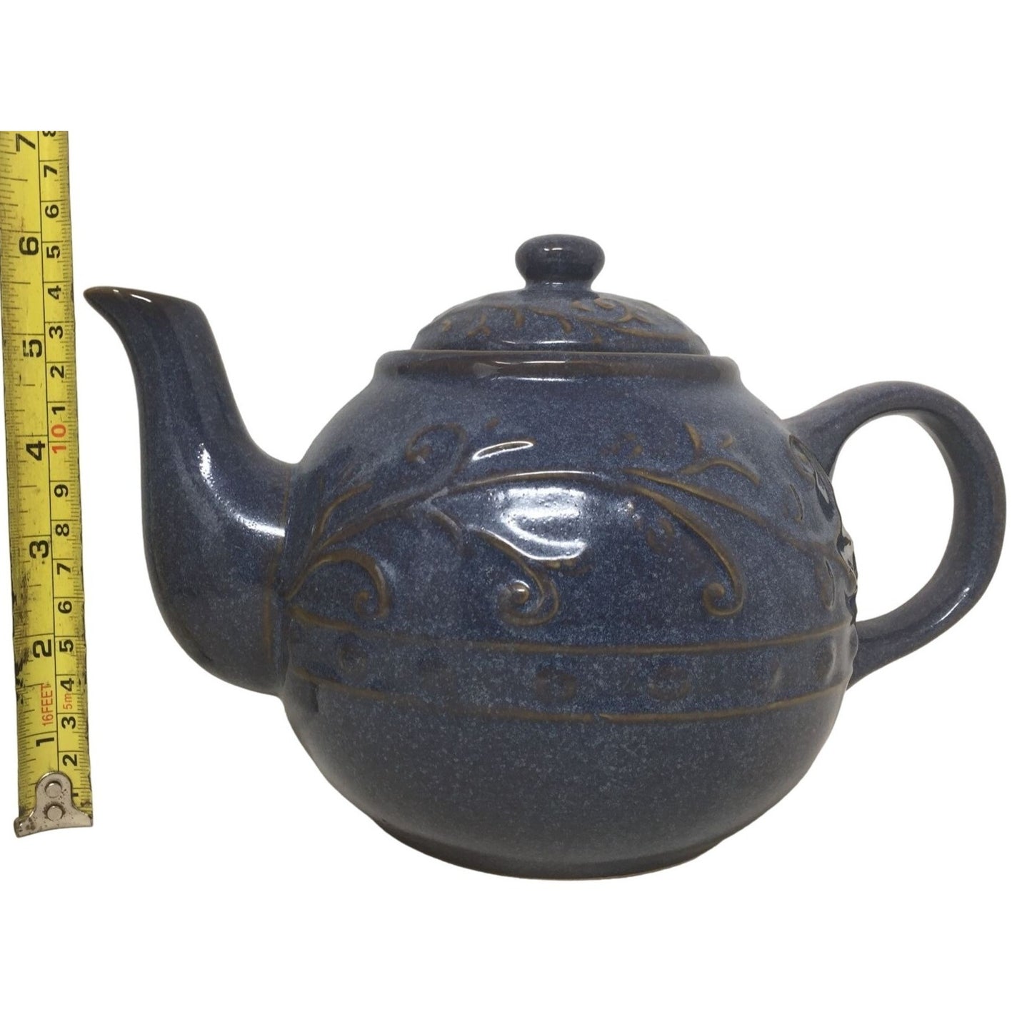 Navy Blue Ceramic Lidded Teapot with Swirl/Leaf Design (about 6 inches tall)