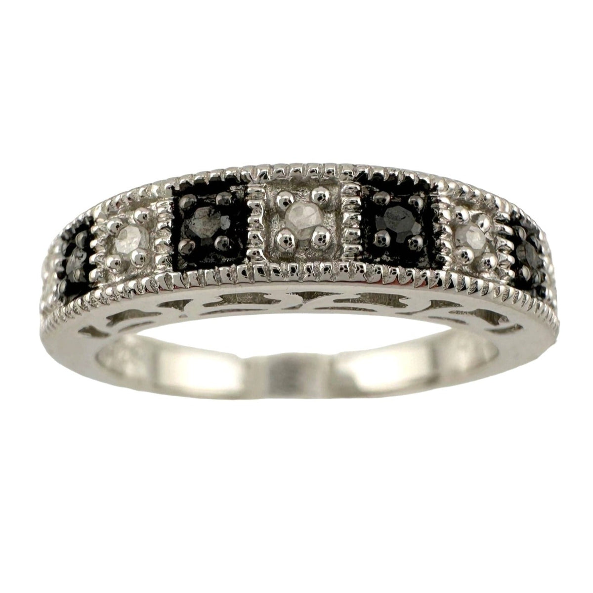 Natural Black and White Diamond Band Ring - size 7.25 --  A+ Stuff