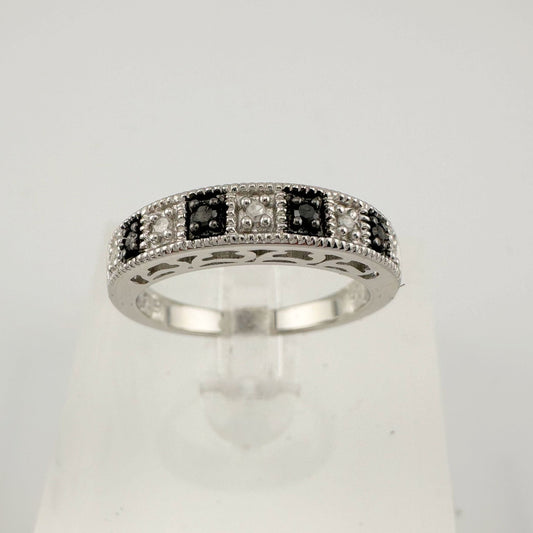 Natural Black and White Diamond Band Ring - size 7.25 --  A+ Stuff