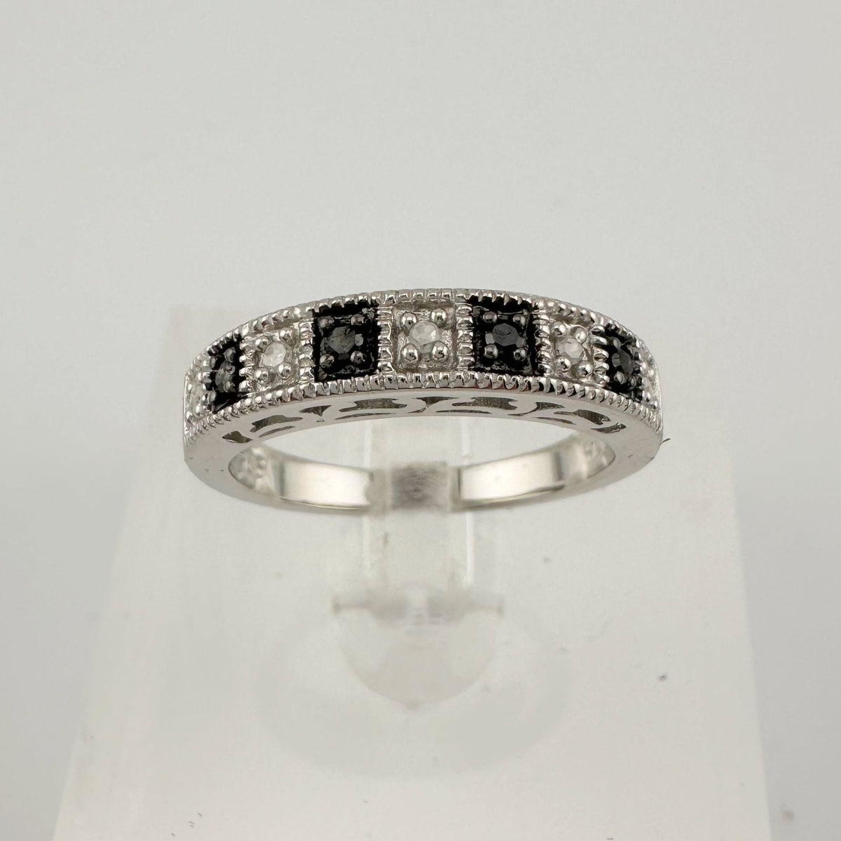 Natural Black and White Diamond Band Ring - size 7.25 --  A+ Stuff