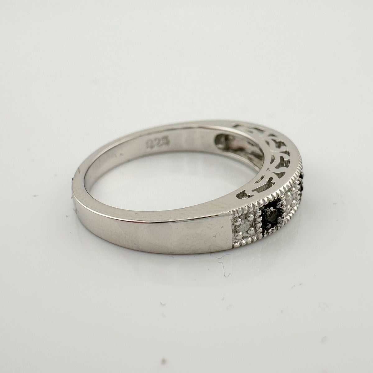 Natural Black and White Diamond Band Ring - size 7.25 --  A+ Stuff