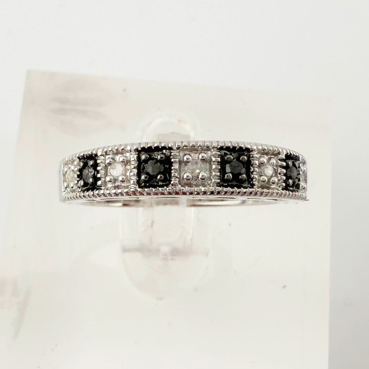 Natural Black and White Diamond Band Ring - size 7.25 --  A+ Stuff