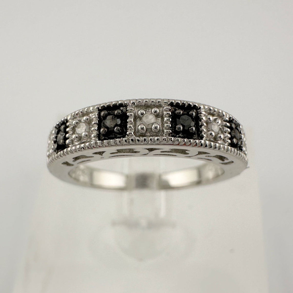 Natural Black and White Diamond Band Ring - size 7.25 --  A+ Stuff