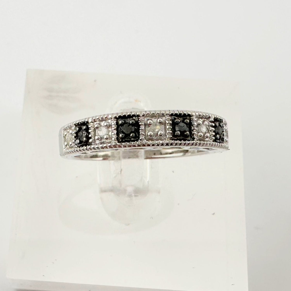 Natural Black and White Diamond Band Ring - size 7.25 --  A+ Stuff