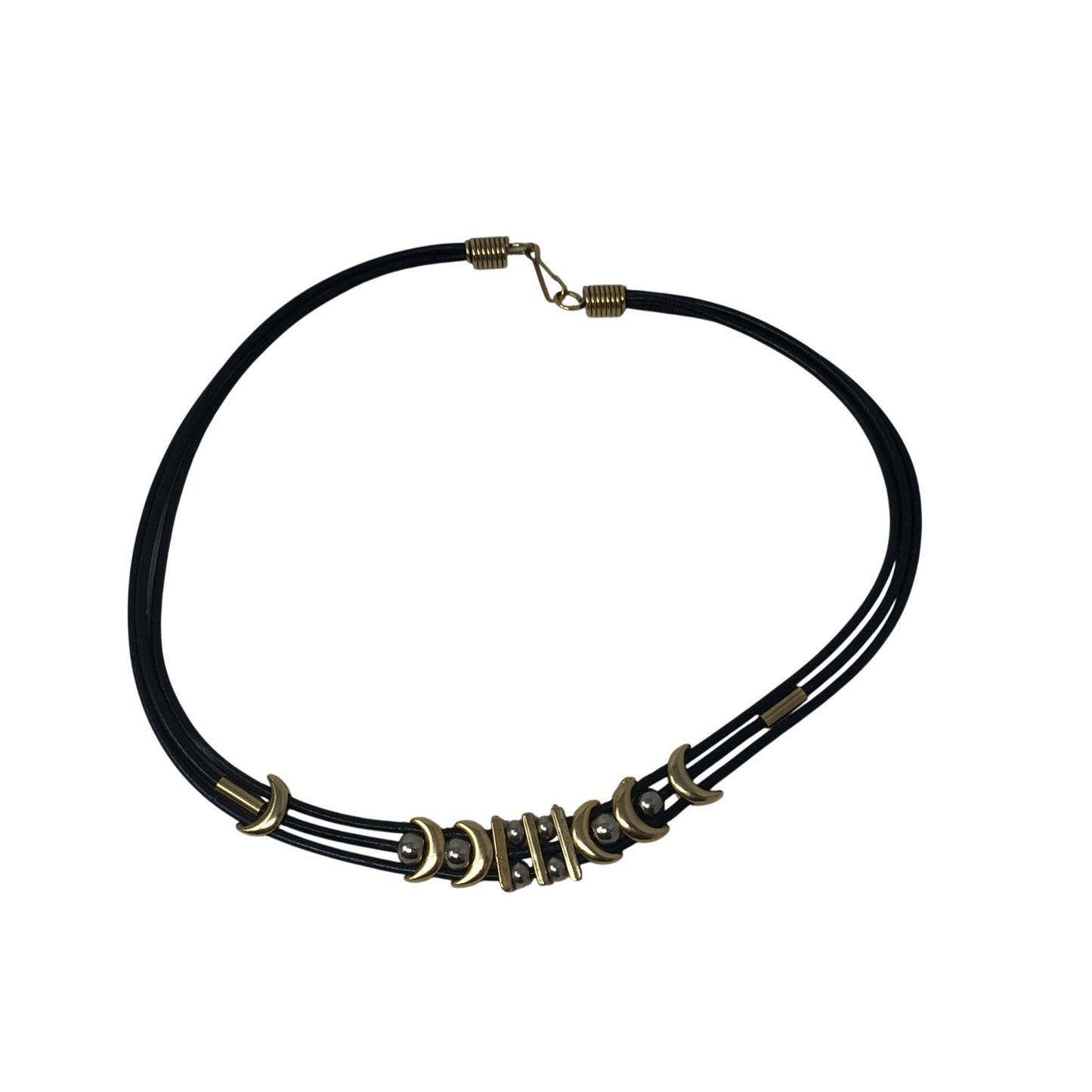 Women's Black Layered Rope Necklace with Gold and Silver Charms