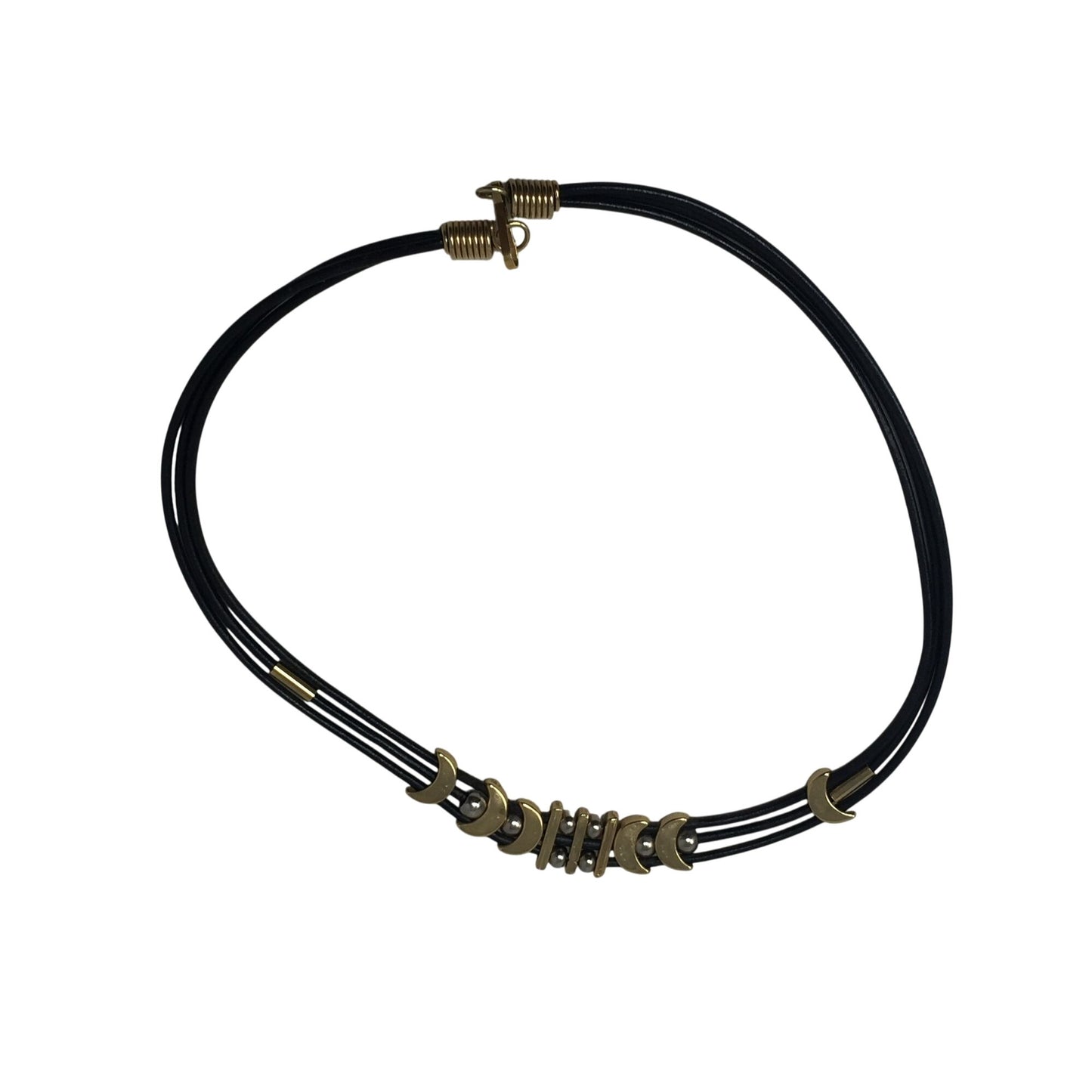 Women's Black Layered Rope Necklace with Gold and Silver Charms