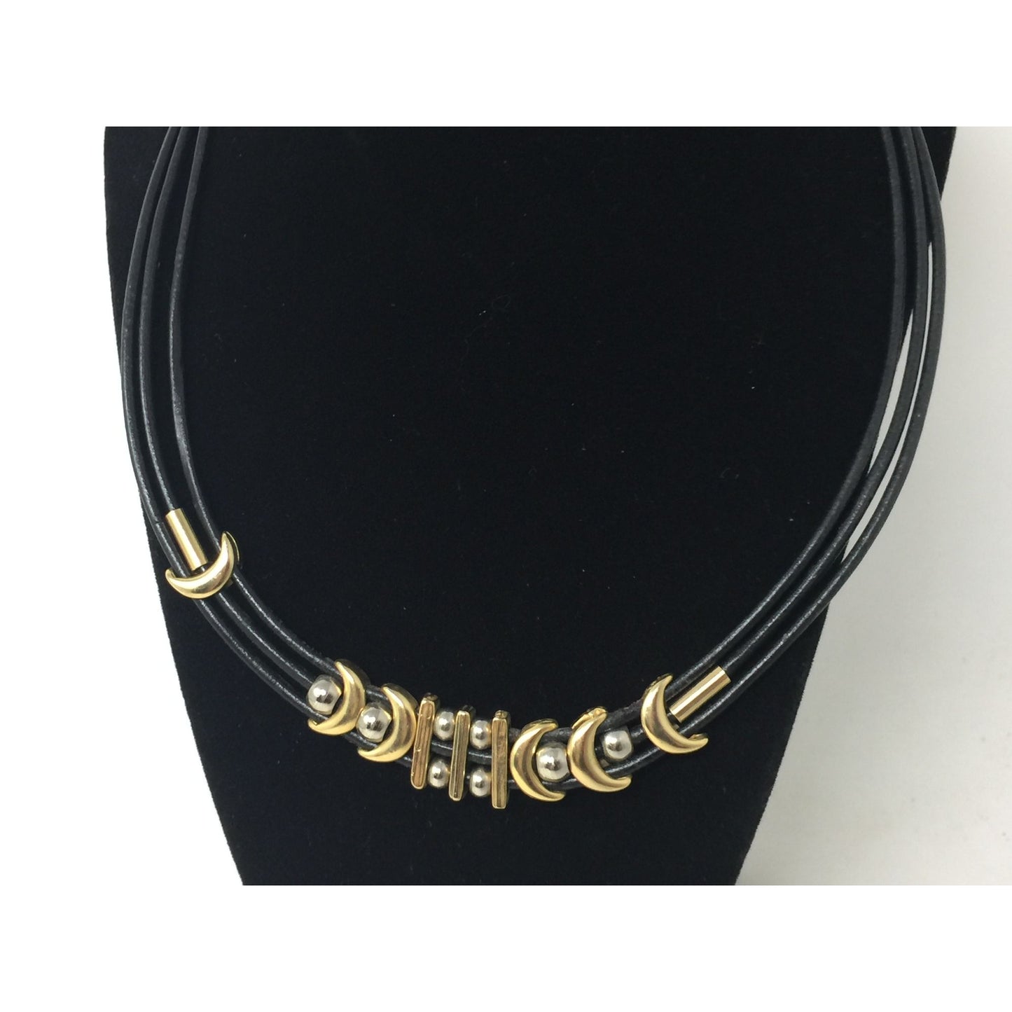 Women's Black Layered Rope Necklace with Gold and Silver Charms