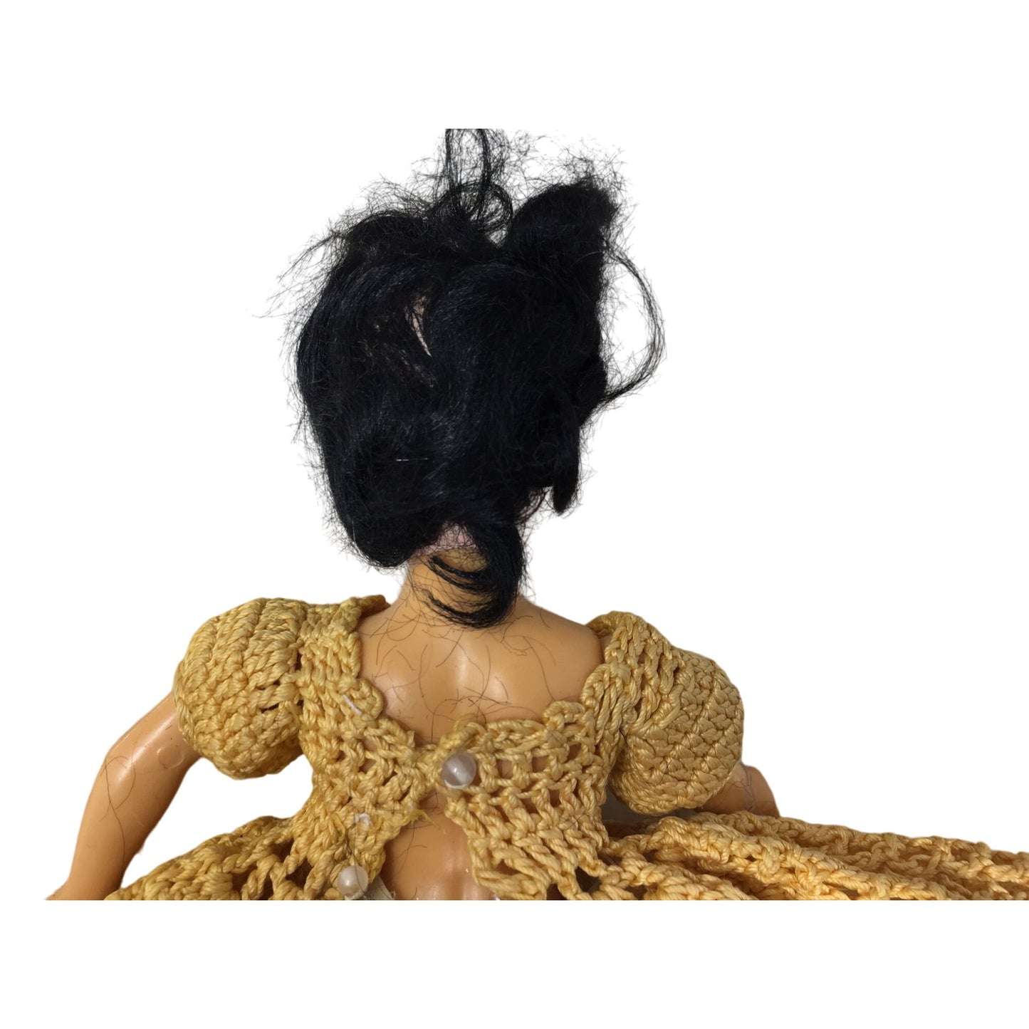 Vintage Collectible Doll Black Hair/Blue Eyes, Wearing Yellow Crocheted Dress & Hat