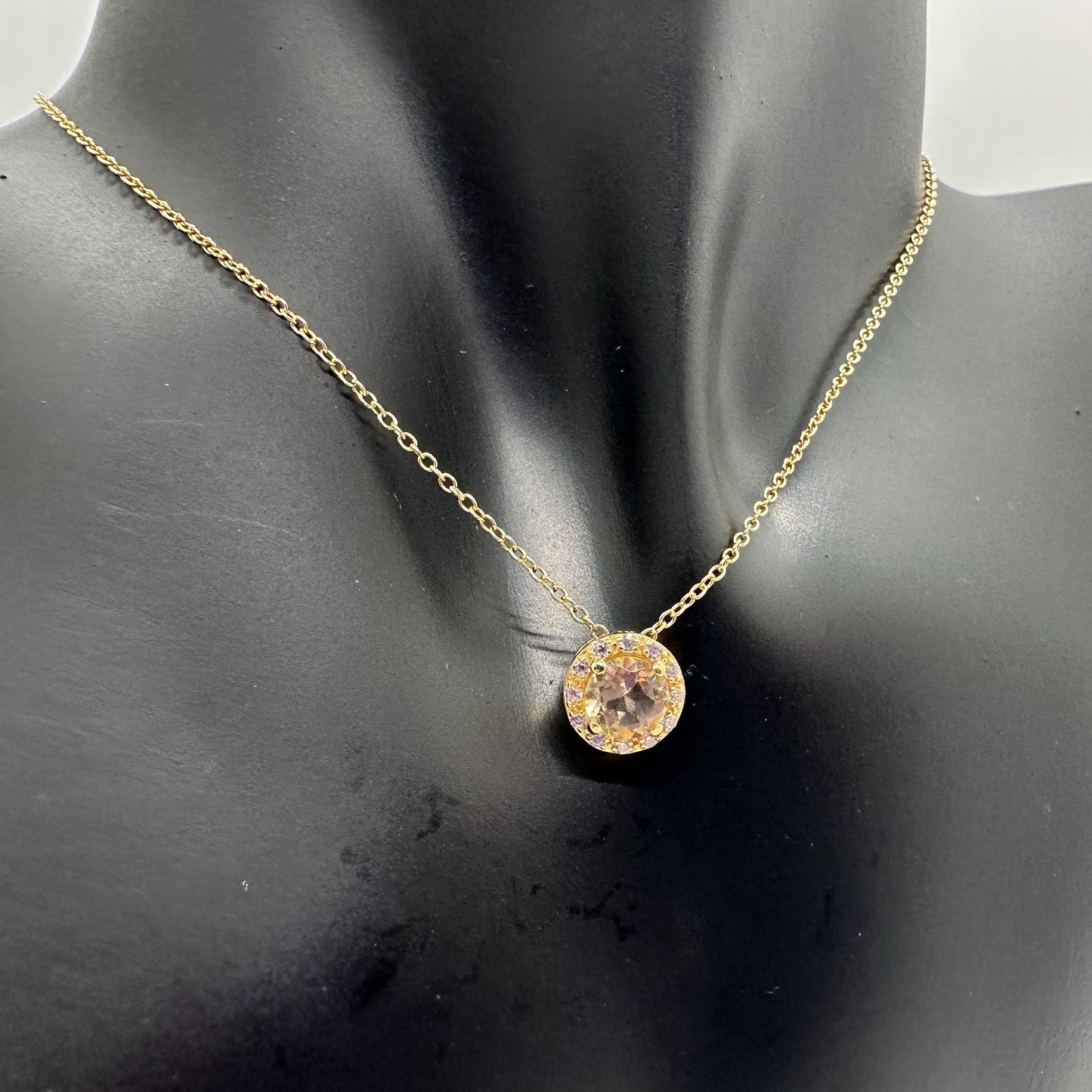 Bright Round 2.00 Carat Golden Citrine Halo Necklace - 14kt Gold Overlay Sterling Silver with 18" Chain