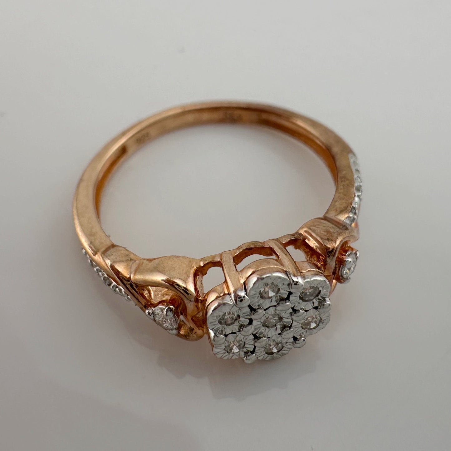 Two Tone Diamond Cluster Ring with Hearts on sides - size 7