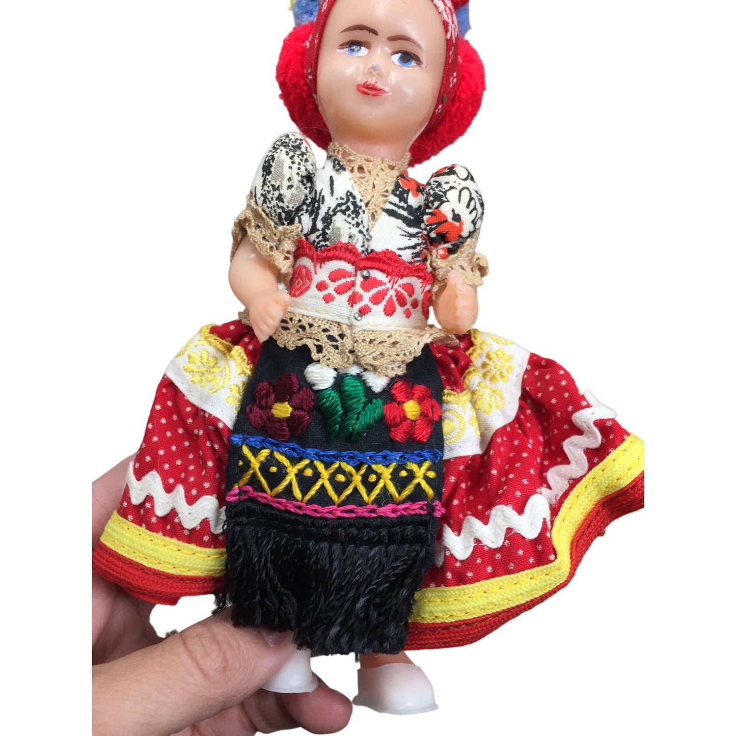 Vintage Collectible Hungarian Doll wearing Traditional Costume/Pompom Headdress/Apron