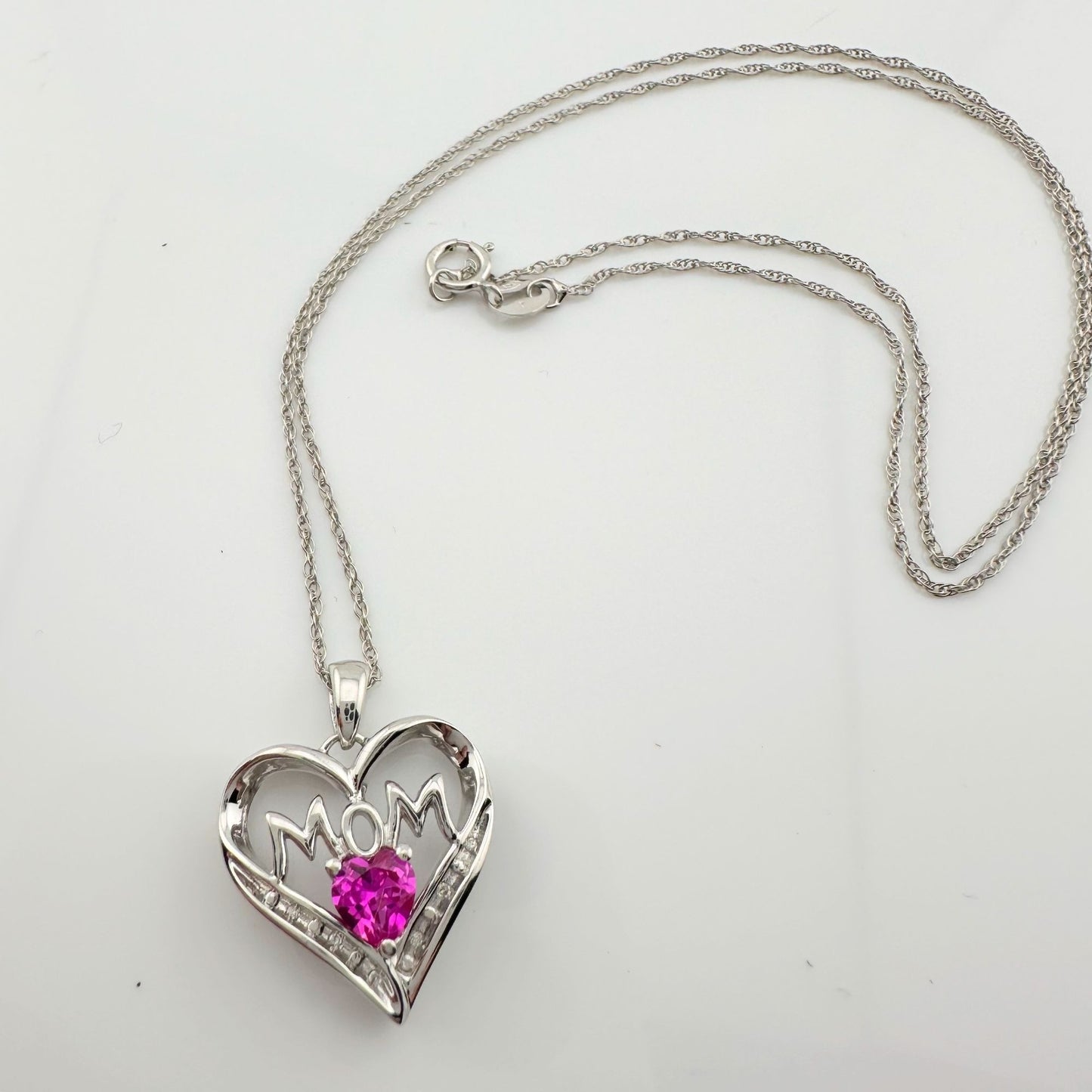 Bright and Beautiful "Mom" Neckace - Heart Shaped Lab Created Pink Sapphire - Sterling