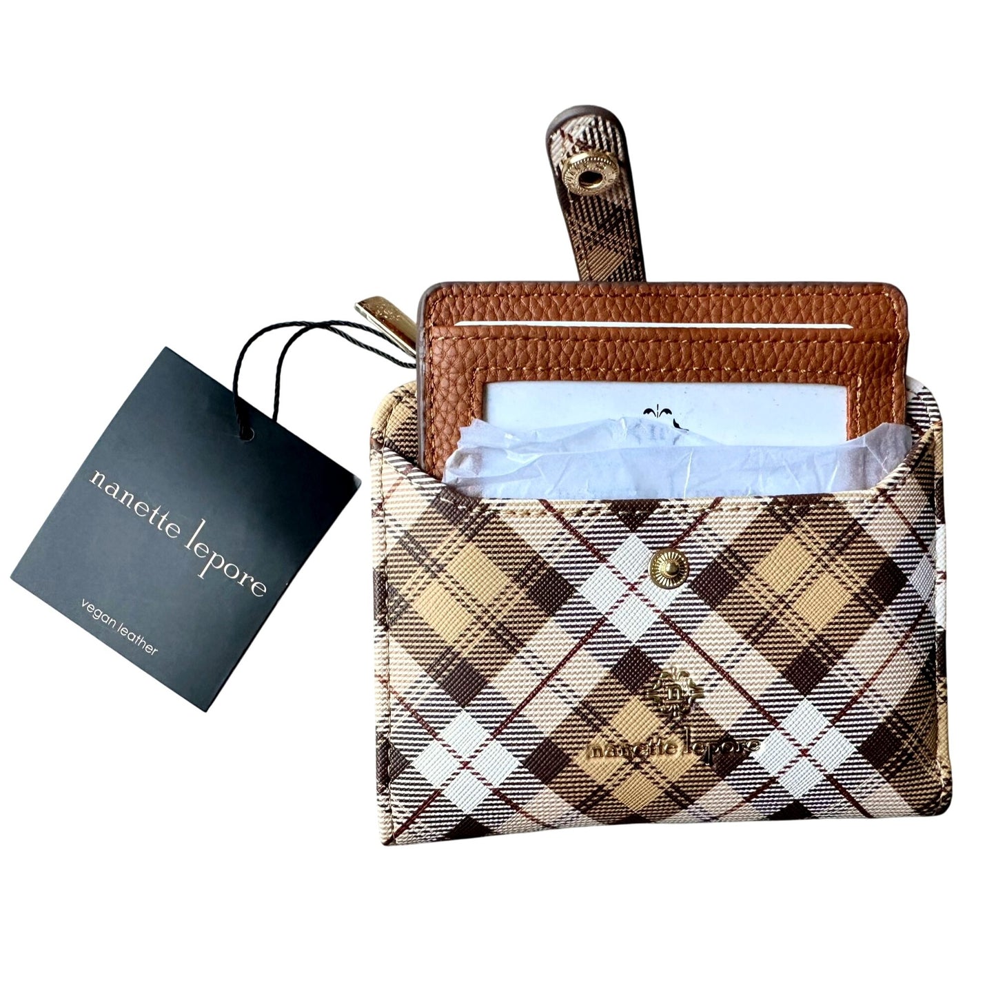 Nanette Lepore Tan Tartan Plaid Bifold Wallet Removable with ID / Card Insert - NWT