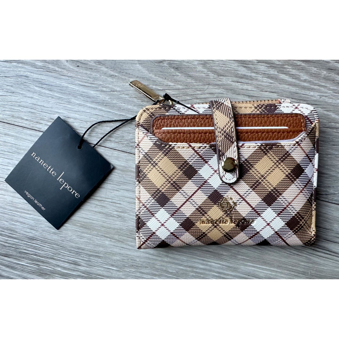 Nanette Lepore Tan Tartan Plaid Bifold Wallet Removable with ID / Card Insert - NWT