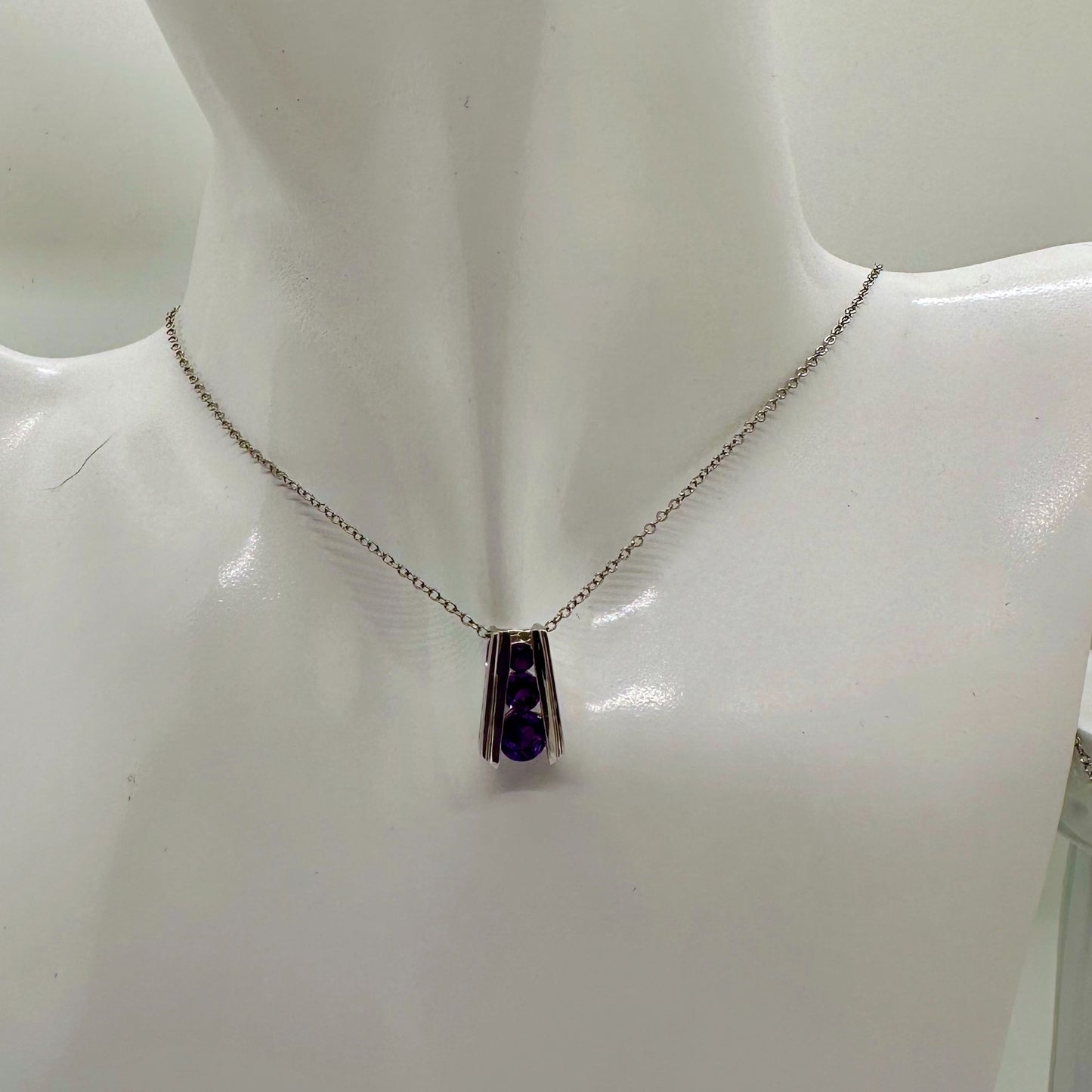 African Amethyst 3 Stone Graduated Pendant  (Sterling Silver) w Neckace